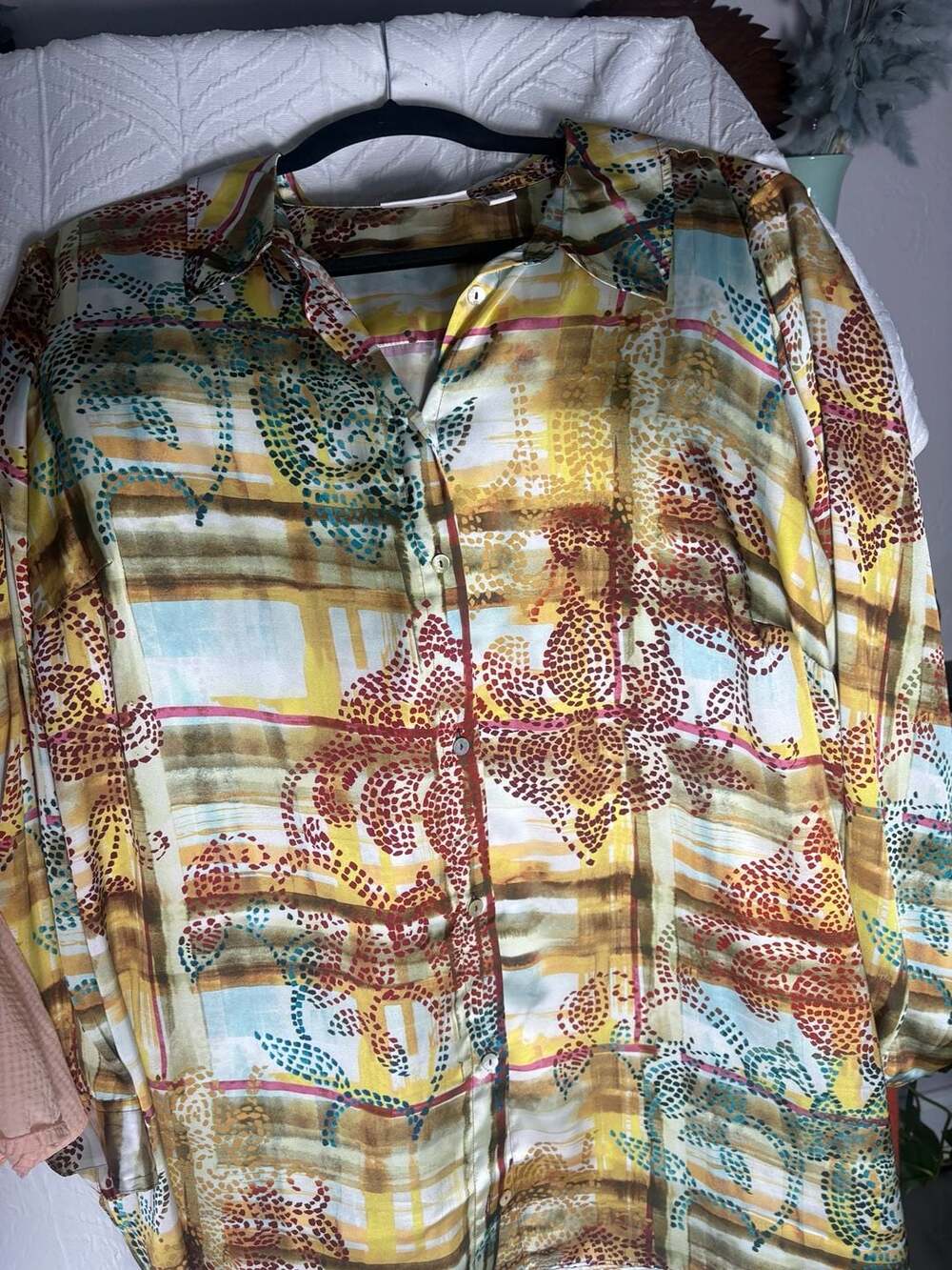 Susan Graver Printed Charmeuse Button-Front Tunic Size 1XP Yellow
